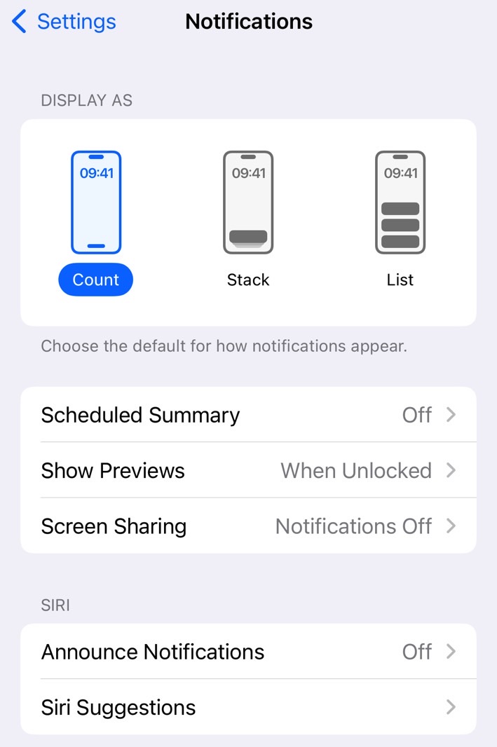 The Notifications settings menu on iPhone.