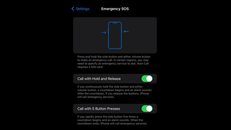iPhone Emergency SOS Settings screen