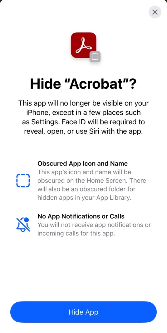 A second splash screen tells you where the hidden app will be found and what happens to notifications and calls.