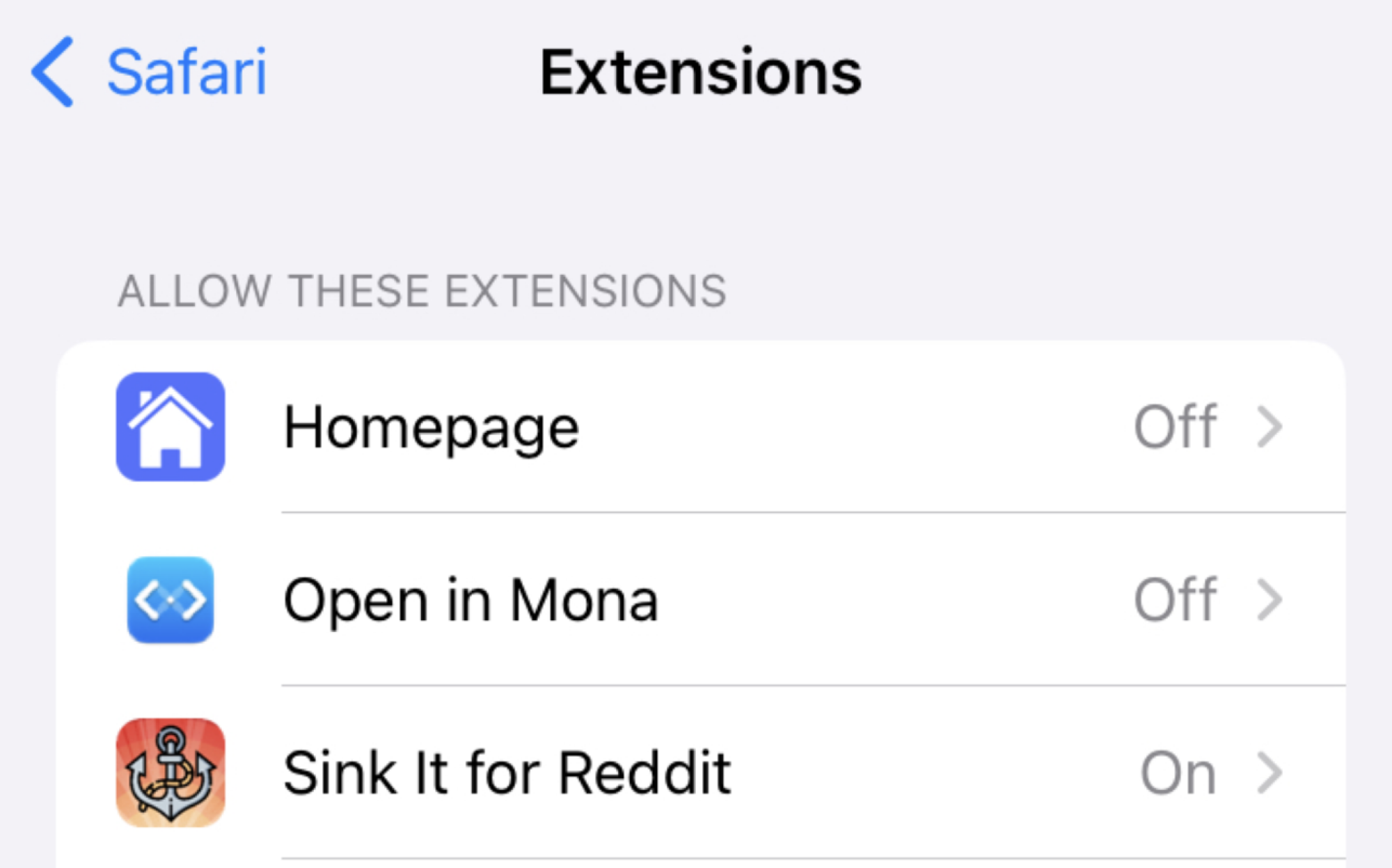 Screenshot of Safari extensions